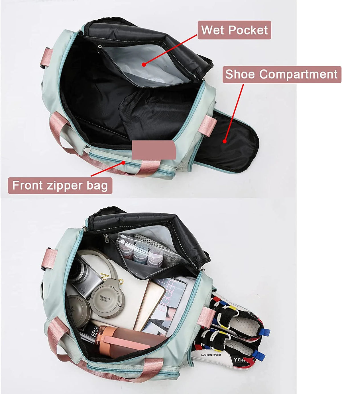 Small Gym Bag for Women, Waterproof Duffle Bag Carry on Weekender Bag with Shoe Compartment & Wet Pocket, Tote Bag for Travel, Workout, Sport